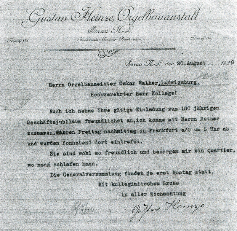 27_100 Jahrfeier Walker_Orgelbau_Antwortschreiben von Gustav Heinze
