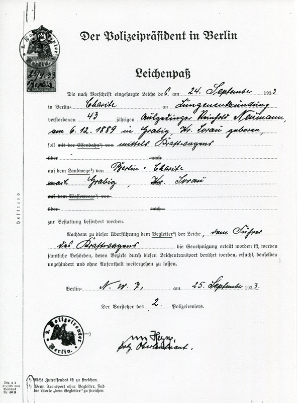 49_Leichenpass von Reinhold Neumann vom 25_September 1933_Berlin_Charite 